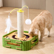 TUXTOOX 4-in-1 Interactive Cat Scratching Post & Felt Puzzle Toy, Indoor Cat Enrichment Play Box with Sisal Scratcher, Feather Teaser & Rolling Bell Balls, Quiet Boredom Relief Exercise Play Center for Indoor Cats