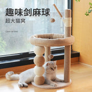 TUXTOOX All-in-One Sisal Cat Scratching Post with Elevated Cat Bed, Compact Stable Cat Tree Tower with Hanging Teaser Toys, Indoor Space-Saving Interactive Cat Activity Center for Indoor Cats