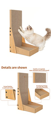 TUXTOOX L-Shaped Vertical Cat Scratcher, Large Durable Corrugated Cardboard Scratch Pad with Solid Wooden Frame, Space-Saving Wall Mount Cat Furniture Protector, 2-in-1 Scratching & Lounge Rest Bed for Indoor Cats