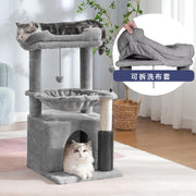 TUXTOOX Multi-Level Cat Tree Activity Center with Sisal Scratching Post & Self-Groomer Brush, Minimalist Grey Plush Cat Tower with Top Perch, Hammock & Private Condo, Stable Anti-Tip Indoor Cat Furniture for Indoor Cats