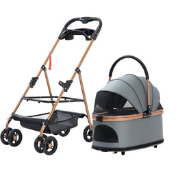 TUXTOOX Luxury Detachable Pet Stroller, 2-in-1 Foldable Travel Carriage & Portable Pet Carrier, One-Click Folding Panoramic View Pet Stroller with Paint-Coated Metal Frame and Storage Basket for Outdoor Travel & Car Riding