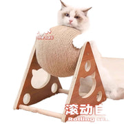 TUXTOOX Rotating Sisal Cat Scratching Ball Toy, Interactive Wooden Stand Cat Scratcher, Durable Indoor Claw Grinding Toy, Anti-Scratch Furniture Protection Exercise Play Toy for All Indoor Cats