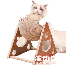 TUXTOOX Rotating Sisal Cat Scratching Ball Toy, Interactive Wooden Stand Cat Scratcher, Durable Indoor Claw Grinding Toy, Anti-Scratch Furniture Protection Exercise Play Toy for All Indoor Cats