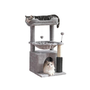 TUXTOOX Multi-Level Cat Tree Activity Center with Sisal Scratching Post & Self-Groomer Brush, Minimalist Grey Plush Cat Tower with Top Perch, Hammock & Private Condo, Stable Anti-Tip Indoor Cat Furniture for Indoor Cats
