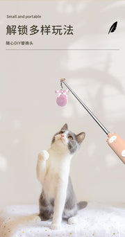 TUXTOOX 2-in-1 Rechargeable Cat Teaser Wand & Laser Pointer Toy, 5 Laser Patterns UV Light Flashlight Interactive Cat Toy, Telescopic Feather Teaser Indoor Exercise Entertainment Toy for Cats