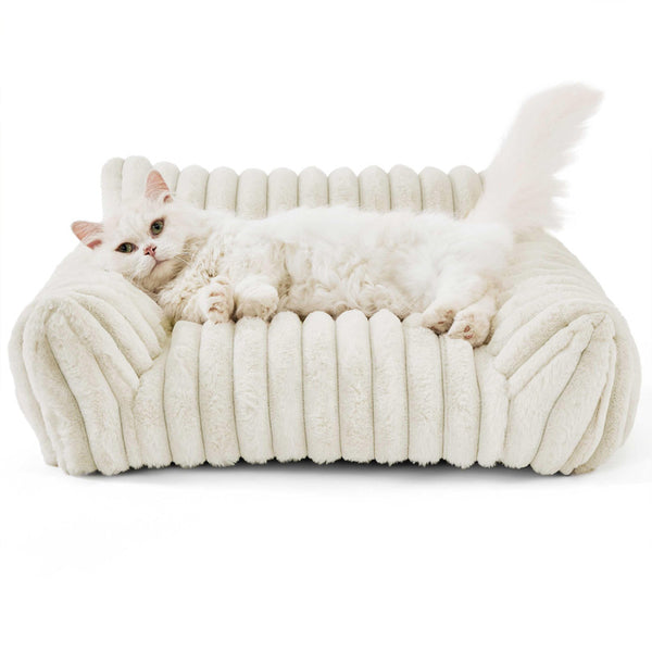TUXTOOX Luxury Striped Plush Pet Sofa Bed, High Resilience Ergonomic Bolster Nest, Removable Washable Cover Soft Warm Indoor Dog Cat Bed