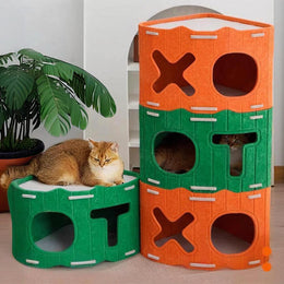 Felt Cat House with Holes Stackable Cat Castle House Corner Design Sturdy Cat Condo Four Seasons Folding Space Saving Detachable Semi-Enclosed Cat Bed