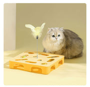 TUXTOOX 3-in-1 Cat Puzzle Toy Box, Interactive Enrichment Hunting Toy with Feather Teaser & Bell Balls, Stable Anti-Slip Mental Stimulation Boredom Relief Indoor Play Toy for Cats