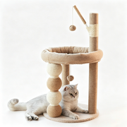 TUXTOOX All-in-One Sisal Cat Scratching Post with Elevated Cat Bed, Compact Stable Cat Tree Tower with Hanging Teaser Toys, Indoor Space-Saving Interactive Cat Activity Center for Indoor Cats