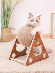 TUXTOOX Rotating Sisal Cat Scratching Ball Toy, Interactive Wooden Stand Cat Scratcher, Durable Indoor Claw Grinding Toy, Anti-Scratch Furniture Protection Exercise Play Toy for All Indoor Cats