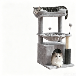 TUXTOOX Multi-Level Cat Tree Activity Center with Sisal Scratching Post & Self-Groomer Brush, Minimalist Grey Plush Cat Tower with Top Perch, Hammock & Private Condo, Stable Anti-Tip Indoor Cat Furniture for Indoor Cats