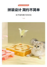 TUXTOOX 3-in-1 Cat Puzzle Toy Box, Interactive Enrichment Hunting Toy with Feather Teaser & Bell Balls, Stable Anti-Slip Mental Stimulation Boredom Relief Indoor Play Toy for Cats
