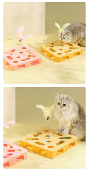 TUXTOOX 3-in-1 Cat Puzzle Toy Box, Interactive Enrichment Hunting Toy with Feather Teaser & Bell Balls, Stable Anti-Slip Mental Stimulation Boredom Relief Indoor Play Toy for Cats
