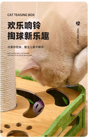 TUXTOOX 4-in-1 Interactive Cat Scratching Post & Felt Puzzle Toy, Indoor Cat Enrichment Play Box with Sisal Scratcher, Feather Teaser & Rolling Bell Balls, Quiet Boredom Relief Exercise Play Center for Indoor Cats