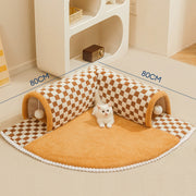 Soft Plush Corner Cat Tunnel Mat –Foldable Checkered Play Tunnel with Interactive Plush Balls