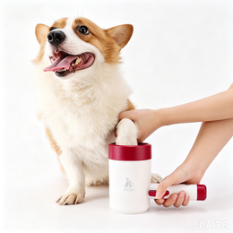 TUXTOOX Semi-Automatic Dog Paw Cleaner Cup, Portable Pet Foot Washer with Rotating Soft Silicone Brush, Manual Mud Dirt Remover Cleaning Tool for Small Dogs & Puppies, White & Red
