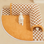 Soft Plush Corner Cat Tunnel Mat –Foldable Checkered Play Tunnel with Interactive Plush Balls