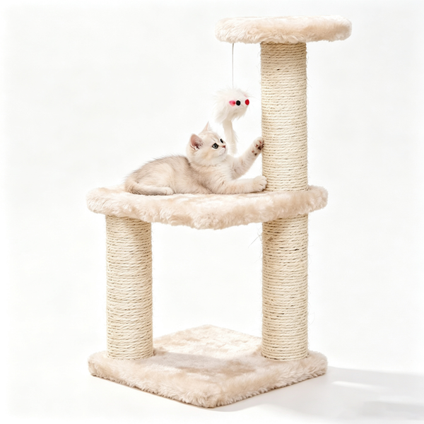 TUXTOOX 2-Tier Space-Saving Cat Tree, Mini Cat Tower with Natural Sisal Scratching Posts, Soft Plush Lounge Platform & Interactive Hanging Ball Toy, Stable Anti-Wobble Indoor Cat Furniture for Small Apartments