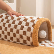 Soft Plush Corner Cat Tunnel Mat –Foldable Checkered Play Tunnel with Interactive Plush Balls