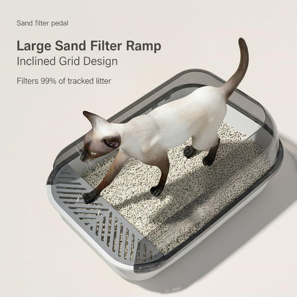 TUXTOOX Large Cat Litter Box with Anti-Tracking Sand Filter Ramp & Anti-Scatter Fence Design - Semi-Enclosed Hooded Pet Potty for Reduced Mess - Easy Clean Plastic Kitty Toilet