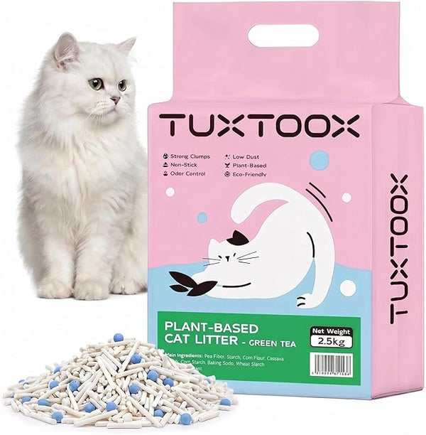 TUXTOOX Cat Litter, Plant-Based Eco-Friendly Tofu Litter, Fast Clumping, Low Dust, Superior Odor Control with Baking Soda, Non-Stick and Flushable 2.5KG