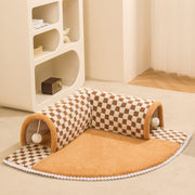 Soft Plush Corner Cat Tunnel Mat –Foldable Checkered Play Tunnel with Interactive Plush Balls