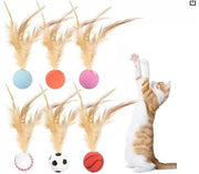TUXTOOX Interactive Cat Ball Toys with Feather Teaser, Quiet Rolling Bouncy Silicone Sports Ball, Durable Bite Resistant Indoor Chase Exercise Toy, Low Noise Hunting Stimulation Play Toy for Cats