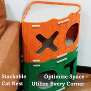 Felt Cat House with Holes Stackable Cat Castle House Corner Design Sturdy Cat Condo Four Seasons Folding Space Saving Detachable Semi-Enclosed Cat Bed